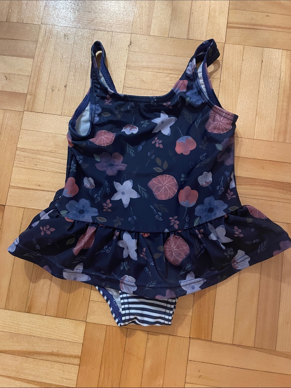 Navy Floral Ruffle Kids One-Piece Swimsuit